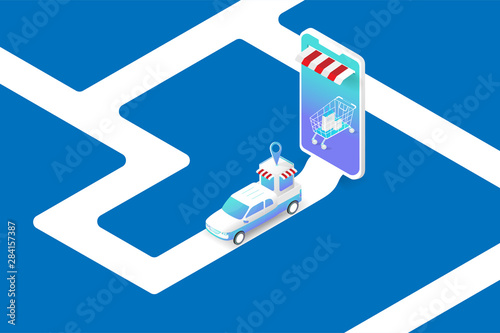 Marketing and online shopping delivery concept. Isometric Smartphone and shopping bag, trucks with store and GPS navigator on the road. web template and landing page.