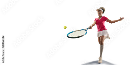 Isolated Female athlete plays tennis on white background © Alex