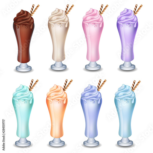 milk shake set of vector vanilla, chocolate, strawberries, banana, blueberries, kiwi on white background