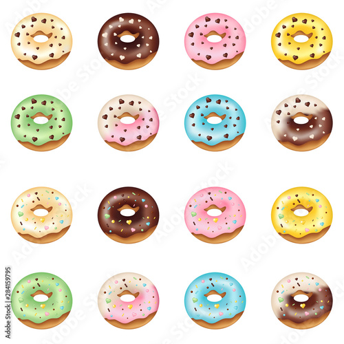 Set of vector glazed colorful donut vanilla, chocolate, strawberries, banana, blueberries, kiwi