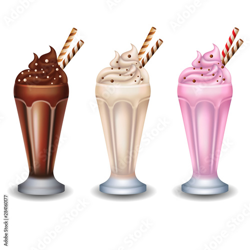 milk shake vanilla, chocolate, strawberries, on white background
