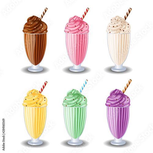 Milk shake set of vector vanilla, chocolate, strawberries, banana, blueberries, kiwi on white background