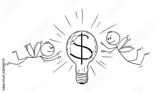 Vector cartoon stick figure drawing conceptual illustration of two businessmen as flies or moths, attracted by light bulb with dollar or money symbol and flying around it.
