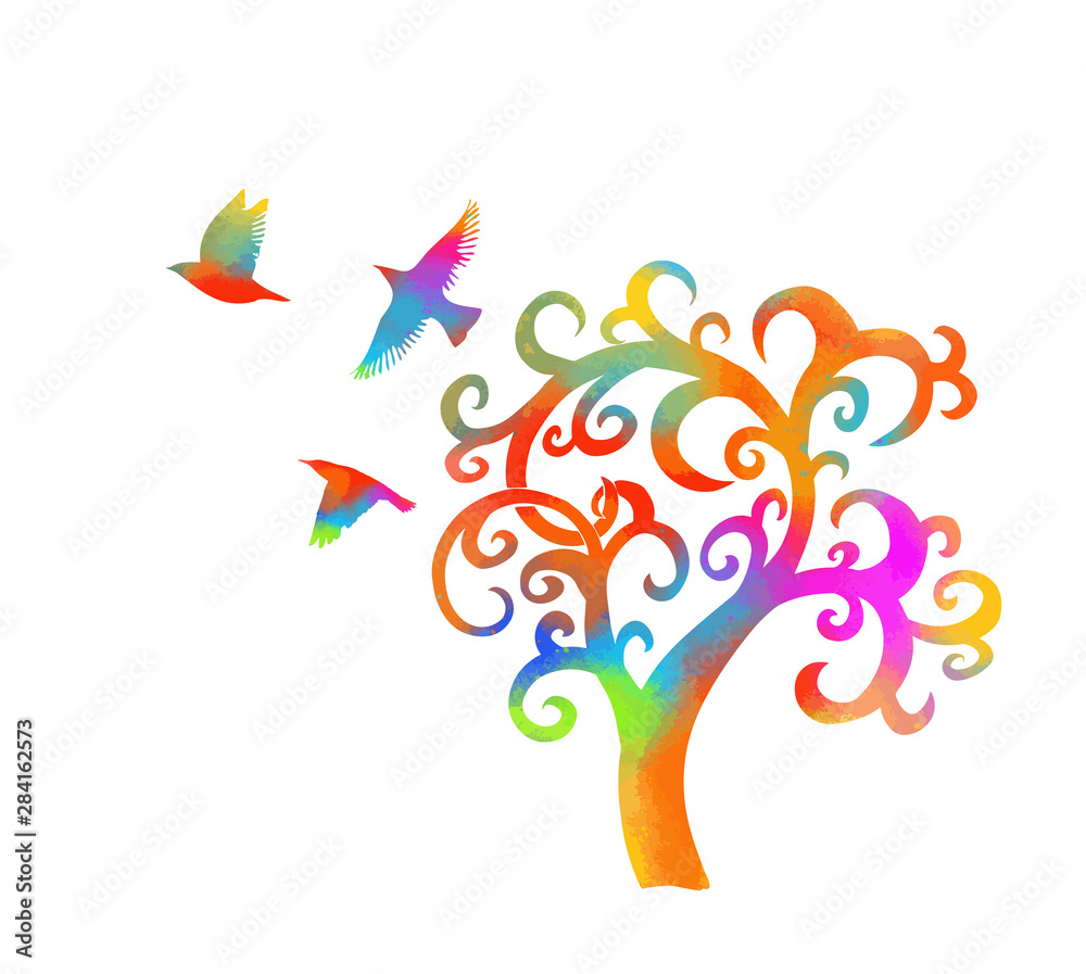 Fototapeta premium A stylized beautiful multi-colored tree with birds. Vector illustration