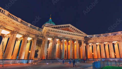 Kazan Cathedral or Kazanskiy Kafedralniy Sobor in St Petersburg by night. Panorama of Cathedral of Our Lady of Kazan Russian Orthodox Church in Saint Petersburg, Russia at summer night. City of Europe photo
