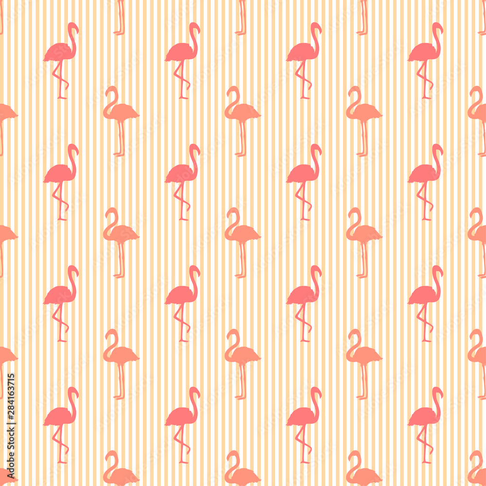 Seamless striped wallpaper with flamingos. Cartoon birds. Print for polygraphy, shirts and textiles. Abstract texture. Pattern for design