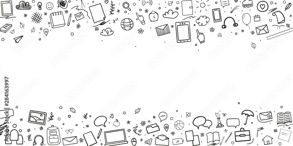Obraz premium Pattern with school supplies. Back to school. Hand drawn infographic elements. Black and white illustration