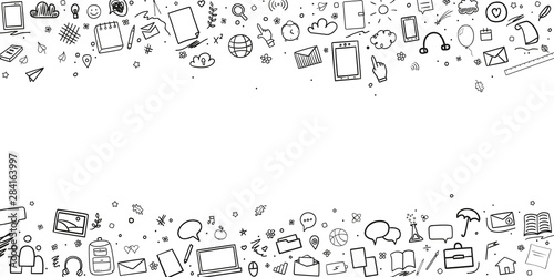 Pattern with school supplies. Back to school. Hand drawn infographic elements. Black and white illustration