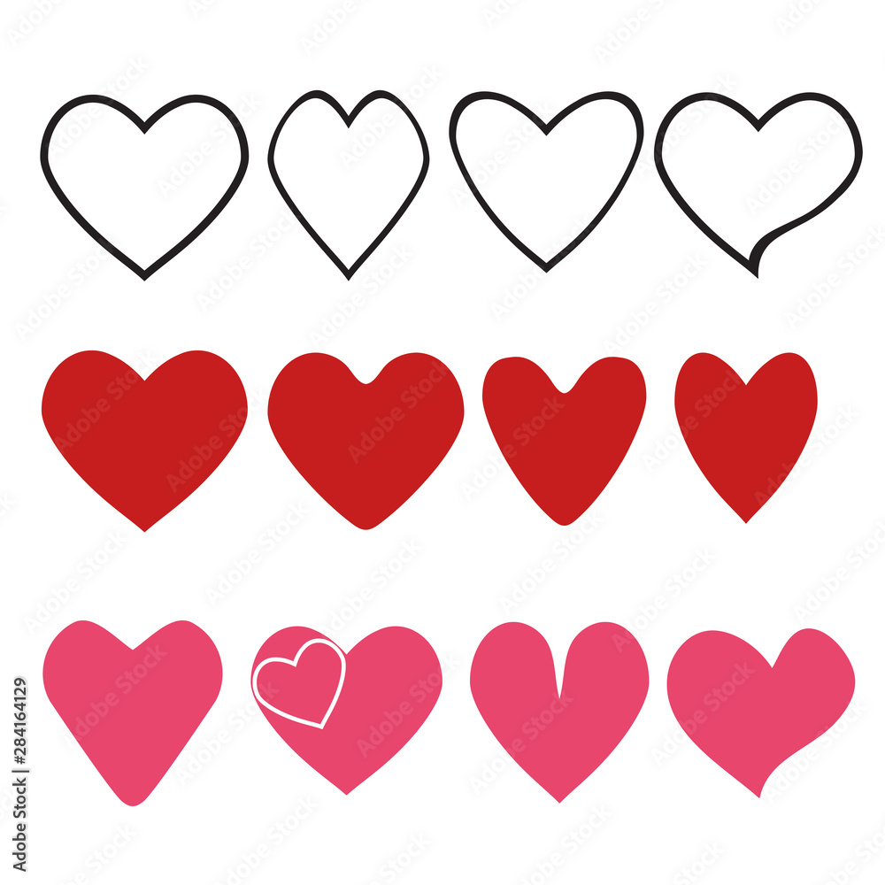 Love heart icon. Loving hearts, red like and lovely romance outline symbols. Valentine lovely passion hearted emotional drawn or valentines day loving postcards vector isolated icons set