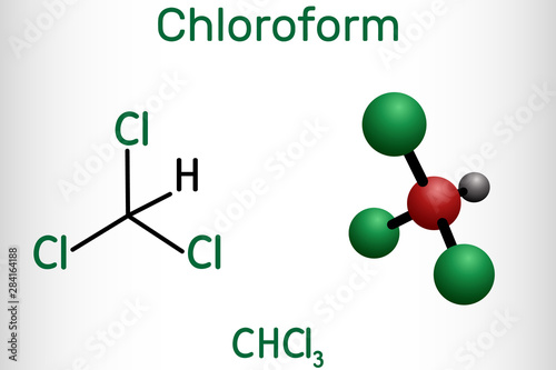 Chloroform or trichloromethane molecule. It is anesthetic, euphoriant, anxiolytic and sedative. Structural chemical formula and molecule model