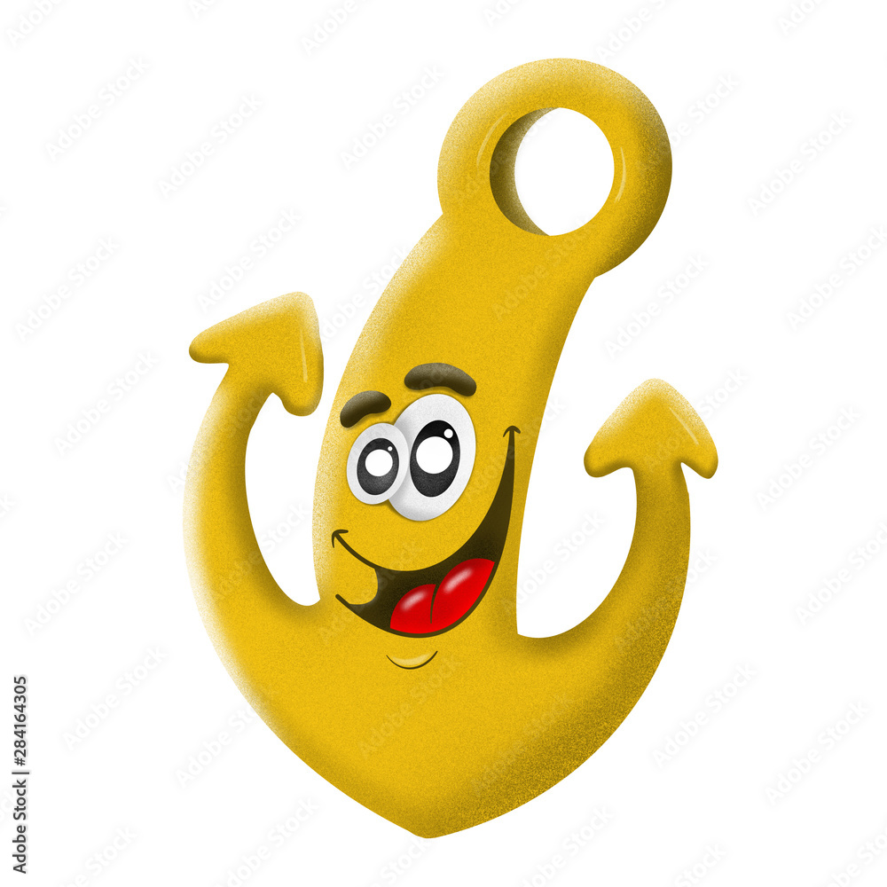 cute cartoon yellow ship anchor on white background, illustration