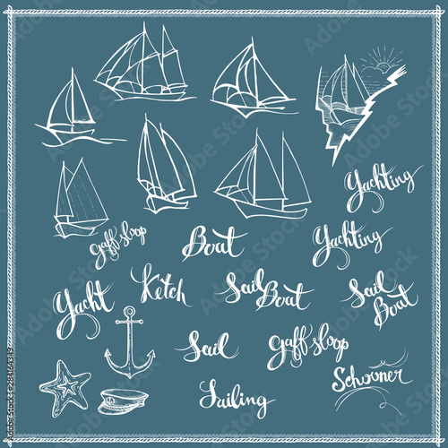 Vector frame from a hand-drawn rope for decoration of a postcard or publication on a marine theme and brush. Hand-written names of types of sailing ships and words on the topic of sailing photo