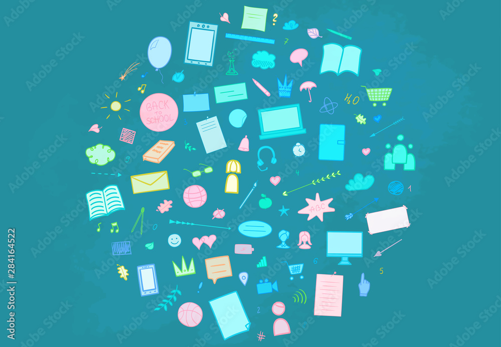 Back to school. Abstract blackboard. Sketchy background with hand drawn school supplies. Education concept
