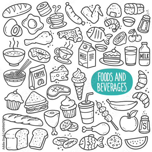 Foods and Beverages Black and White Illustration.