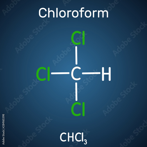 Chloroform or trichloromethane molecule. It is anesthetic, euphoriant, anxiolytic and sedative. Structural chemical formula on the dark blue background