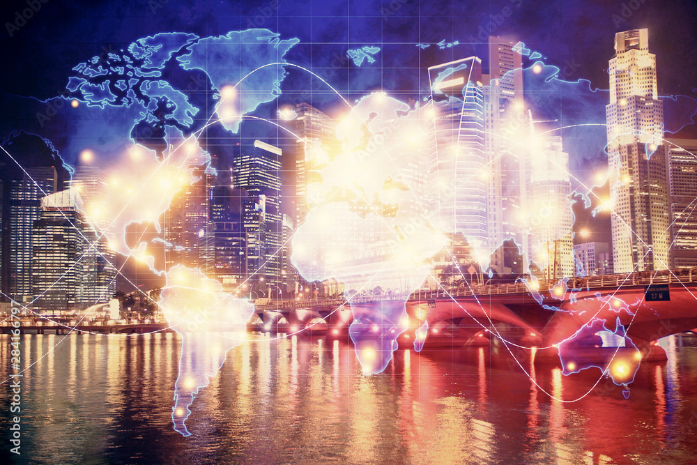 Double exposure of business theme hologram drawing and city veiw background. Concept of success.