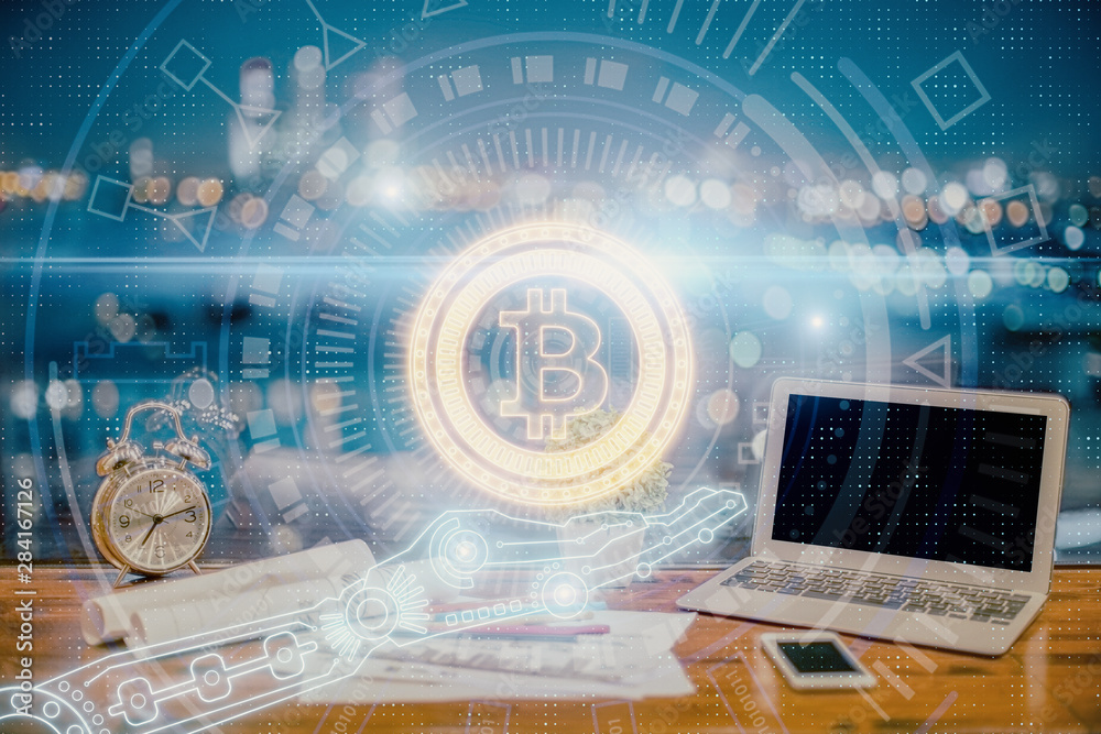Double exposure of blockchain and crypto economy theme hologram and table with computer background. Concept of bitcoin cryptocurrency. Double exposure of blockchain and crypto economy theme hologram and table with computer background. Concept of bitcoin cryptocurrency.