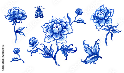 Blue peonies, watercolor illustration in oriental or dutch style, watercolor illustration on white background, isolated. Decorative floral painting for porcelain or ceramics, print for fabric, etc.