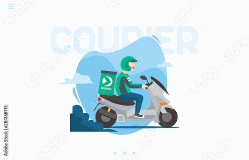 Flat style illustration of delivery man courier riding big moped scooter delivering package and food for customer at home service for landing page and website