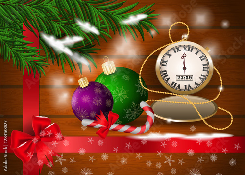 Christmas and 2 new year wooden background with fir branches and balls for design and decoration
