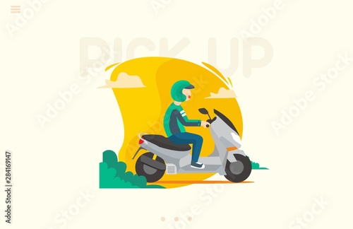 Flat style illustration of delivery man courier riding big moped scooter picking up package and food for customer at home service for landing page and website