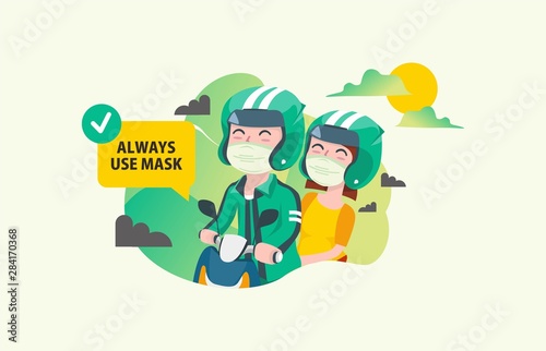 Flat style illustration of delivery man and couple riding moped scooter wearing face mask for pollution and healthy lifestyle in a bad air city condition for landing page and website