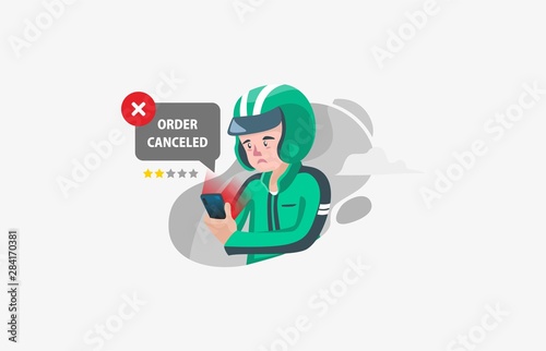 Flat style illustration of delivery man driver icon and biker canceling order or order canceled by costumer for ordering food service for landing page and websitev