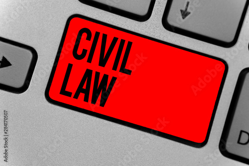 Text sign showing Civil Law. Conceptual photo Law concerned with private relations between members of community Keyboard red key Intention create computer computing reflection document photo