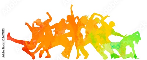 Detailed illustration silhouettes of expressive dance colorful group of people dancing. Jazz funk, hip-hop, house dance. Dancer man jumping on white background. Happy celebration