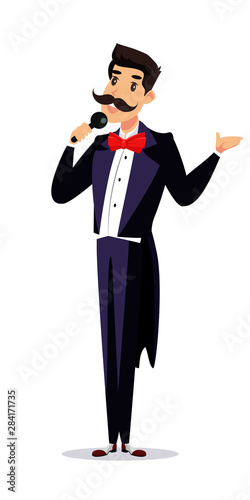 Happy showman in tailcoat, announcer on stage vector cartoon character. Cheerful man with microphone announcing performance. Entertainment, amusement.