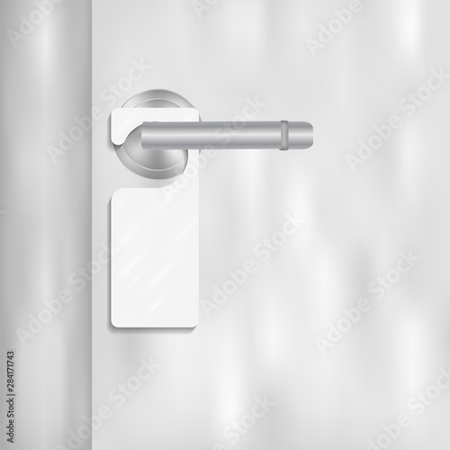Do not disturb sign hanging on white door handle in the hotel vector illustration template. Guest privacy while travelling advertising. Warning card to prevent interference, room service, booking ads.