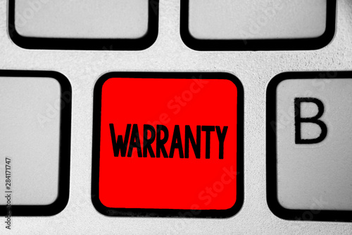 Writing note showing Warranty. Business photo showcasing Free service of repair and maintenance of the product sold Keyboard red Intention create computer computing reflection document photo