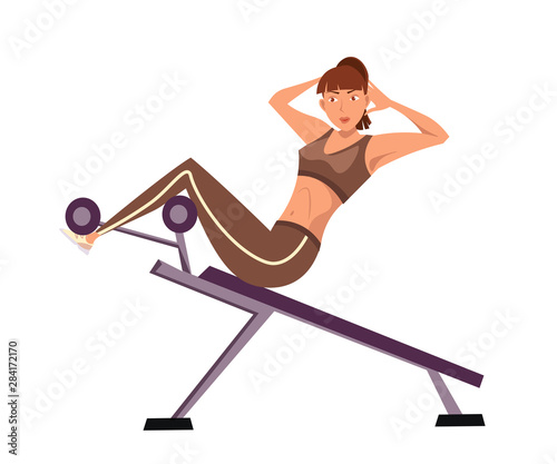 Sportswoman doing sit ups flat vector illustration