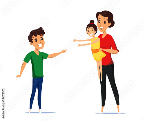 Cheerful mother with kids flat vector illustration