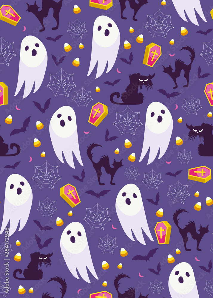 Halloween ghost seamless pattern on purple background. Cute halloween ghost and decoration pattern background. Halloween theme design vector illustration Halloween ghost seamless pattern on purple background. Cute halloween ghost and decoration pattern background. Halloween theme design vector illustration