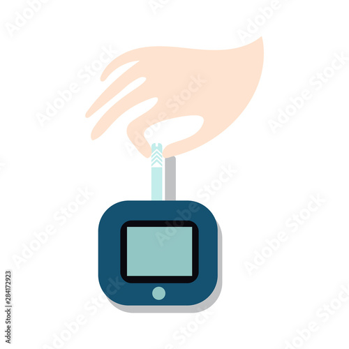 World Diabetes Day symbol. Awareness medical infographic design element. Hand with blood from finger on blood glucose meter, vector illustration