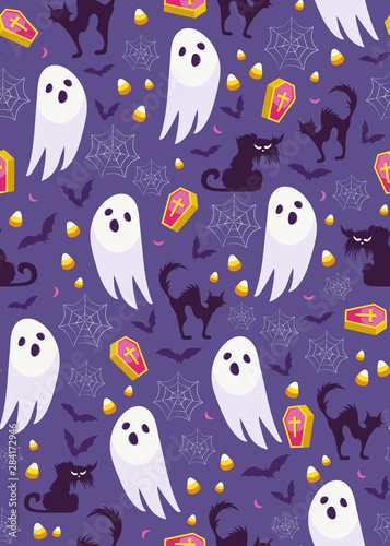 Halloween ghost seamless pattern on purple background. Cute halloween ghost and decoration pattern background. Halloween theme design vector illustration