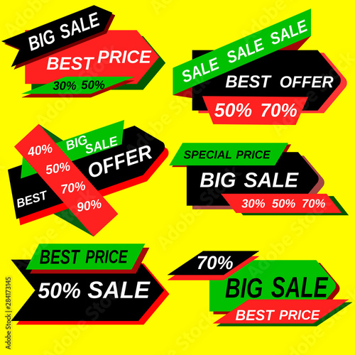 stickers for sale and discounts of black and green colors on a yellow color