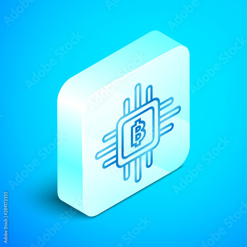 Isometric line CPU mining farm icon isolated on blue background. Bitcoin sign inside processor. Cryptocurrency mining community. Digital money. Silver square button. Vector Illustration