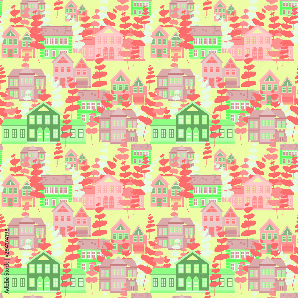 abstract houses and trees of pink and yellow colors on a light background