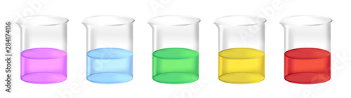 Vector set of chemical beakers with  liquid fluids – water, acid, solvent or chemicals. Full laboratory glassware with different colors of substance solution isolated. Purple, blue, green, yellow, red