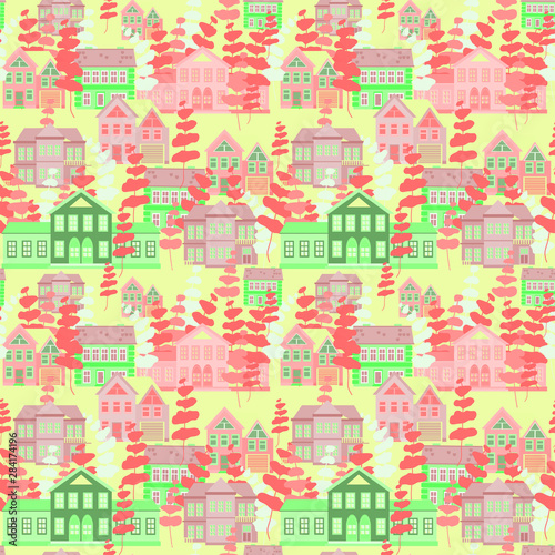 abstract houses and trees of pink and yellow colors on a light background