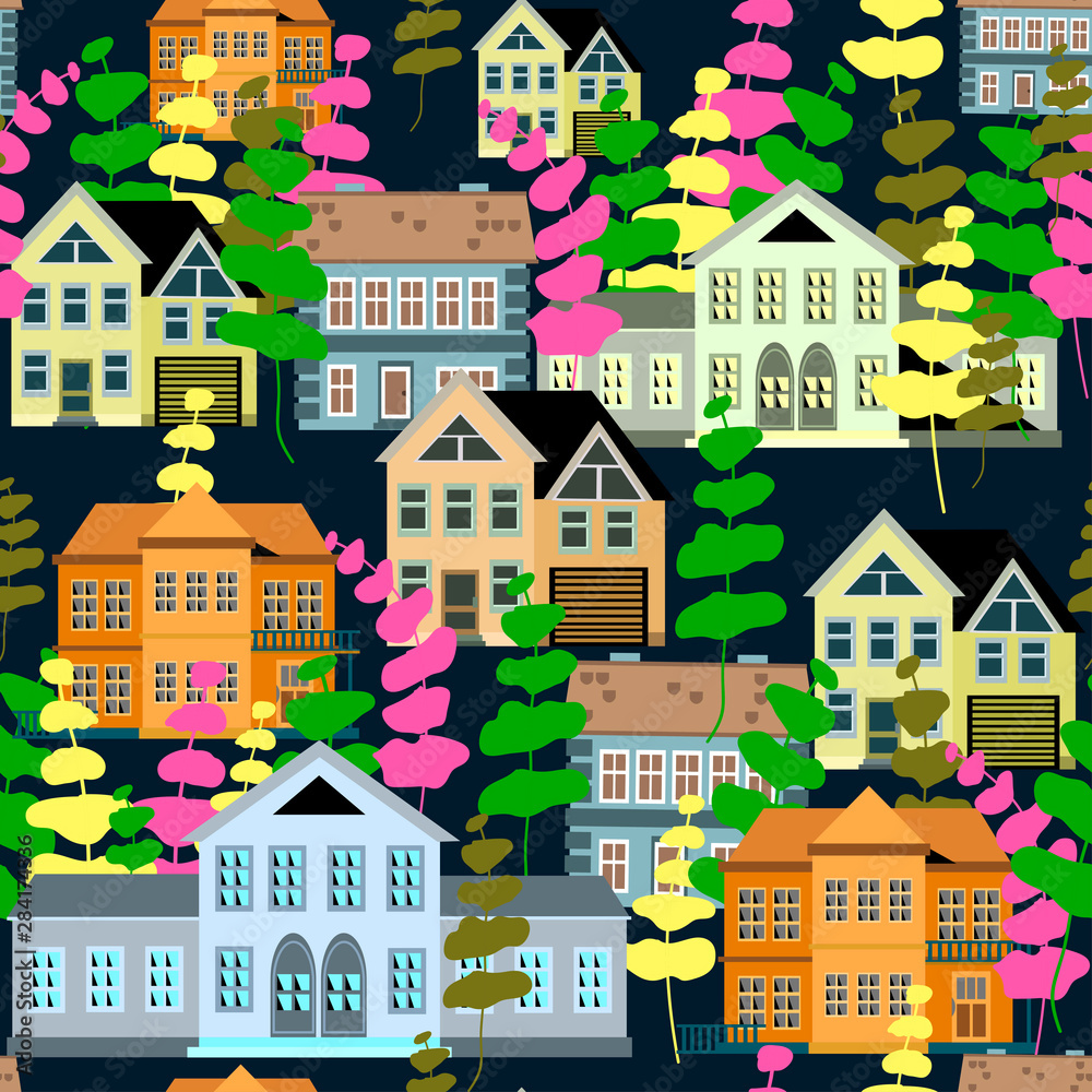 brown and gray houses with abstract trees of pink and yellow colors