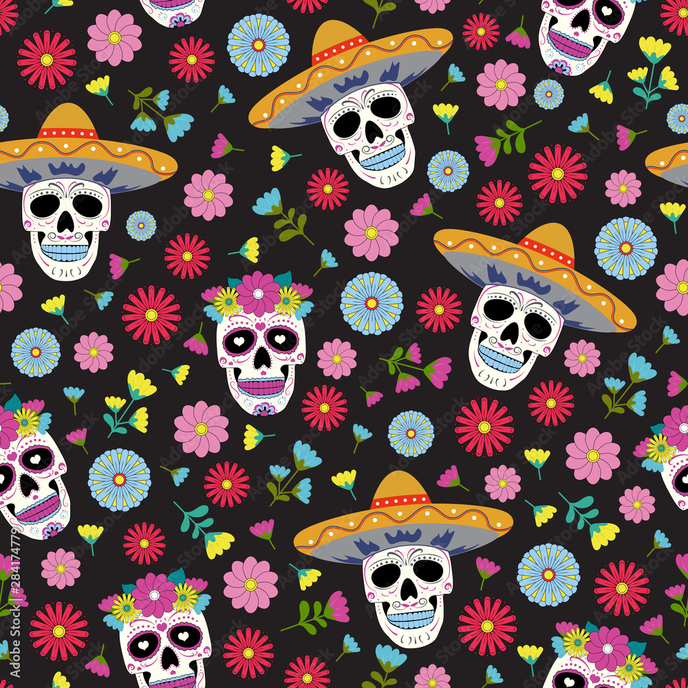 Day of the Dead skull with floral ornament and flower seamless pattern on black background. Dia De Los Muertos celebration pattern background. vector illustration Day of the Dead skull with floral ornament and flower seamless pattern on black background. Dia De Los Muertos celebration pattern background. vector illustration