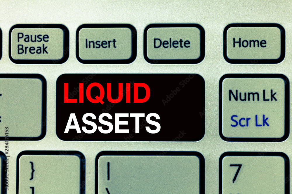 Conceptual hand writing showing Liquid Assets. Business photo text Cash and Bank Balances Market Liquidity Deferred Stock.