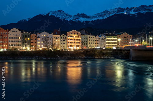 Houses along the river Inn during blue hour