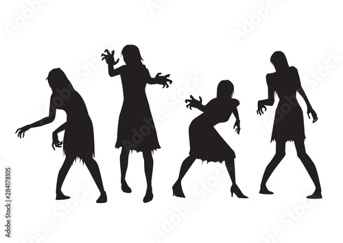 Female Zombie standing and reaching hand in Silhouette style. Collection of Full lenght of people resurrected from the dead.