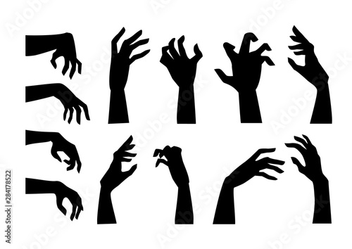 Silhouettes of people hand in horror pose like a Zombie isolated on white. Graphic resource for decorate in Halloween theme.