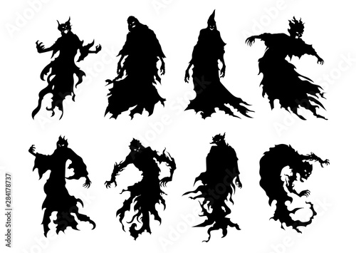Silhouette of flying evil spirit in vector style collection isolated on white. Illustration about whisper ghost and fantasy.