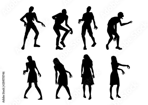 Zombie standing and walking actions in Silhouette style collection. sci fi fiction monster for decorate a horror and Halloween theme.